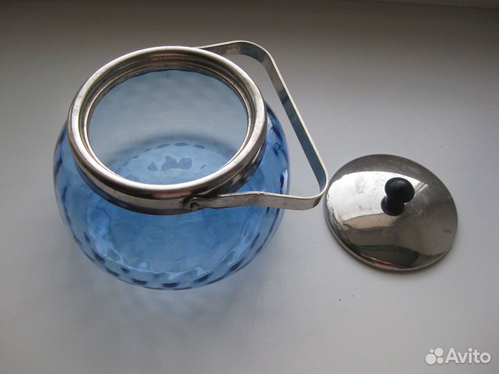 Сахарница СССР. Голубое рифленое стекло