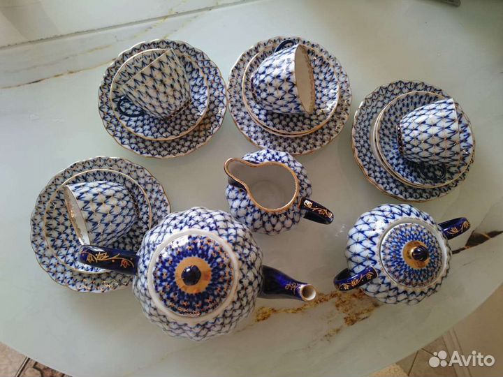 Кофейный сервиз лфз Кобальтовая сетка с позолотой