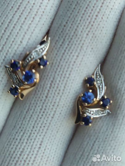 Золотые серьги с бриллиантами и сапфирами новые