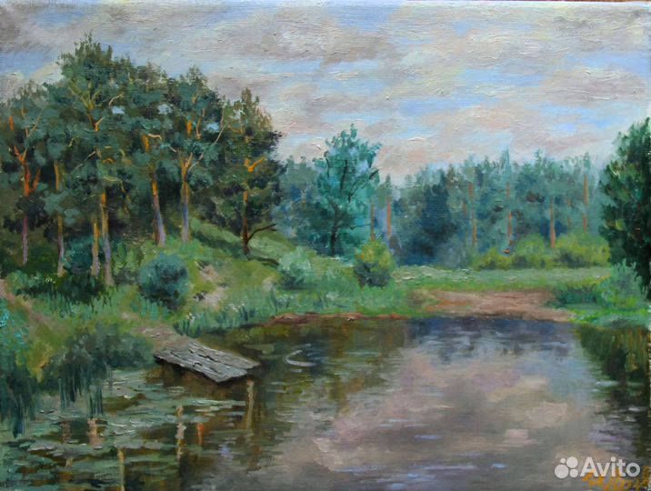 Картина маслом Русский пейзаж Лесное озеро