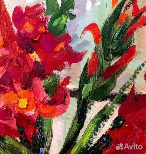 Картина маслом большая натюрморт цветы гладиоусы