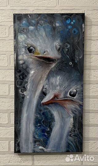 Картина веселые страусы, масло, холст 30:60