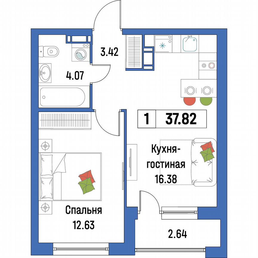 1-к. квартира, 37,8 м², 4/16 эт.