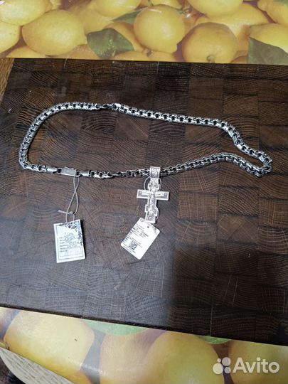 Мужская серебряная цепь Бисмарк с крестоммарк