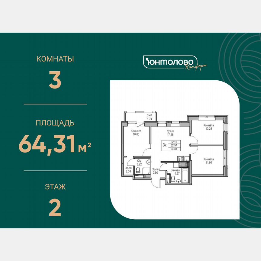 3-к. квартира, 64,3 м², 2/23 эт.