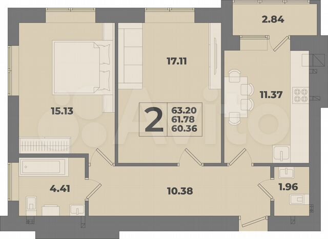 2-к. квартира, 63,2 м², 3/10 эт.