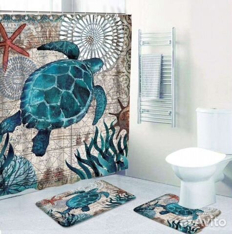Комплект для ванной, штора и 2 коврика