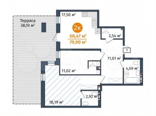 2-к. квартира, 68,5 м², 1/14 эт.