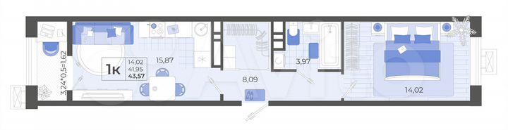 1-к. квартира, 43,6 м², 8/12 эт.