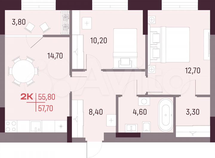 2-к. квартира, 55,8 м², 13/25 эт.