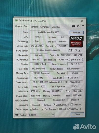 RX 6800-16G ASRock Phantom Gaming