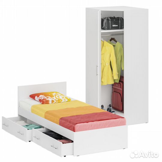 Кровать белая односпальная с ящиками 900 с угловым шкафом Стандарт, цвет белый, спальное место 900х2