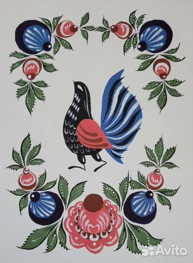 Городецкая роспись на бумаге. Лакированный