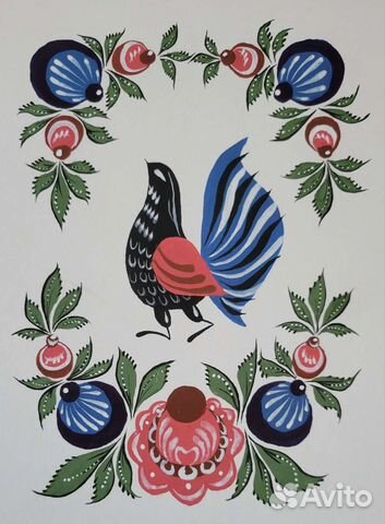 Городецкая роспись на бумаге. Лакированный