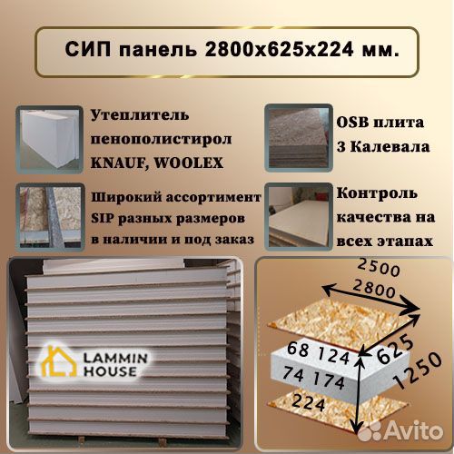 SIP панели 2500Х1250Х74 мм