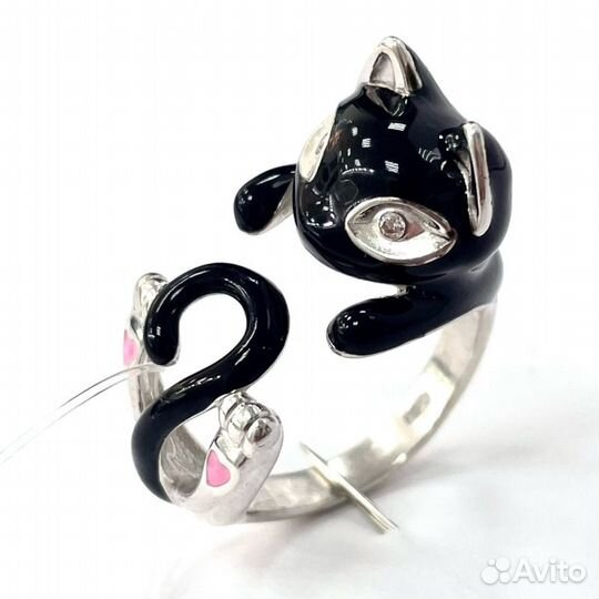 Серебряное Кольцо кошечка эмаль