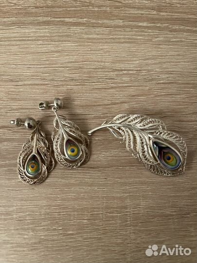 Серьги серебро перо