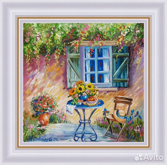 Картина с цветами Уютный дворик маслом