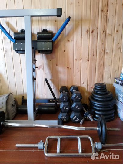 Тренажёр, скамья для жима, грифы для штанги