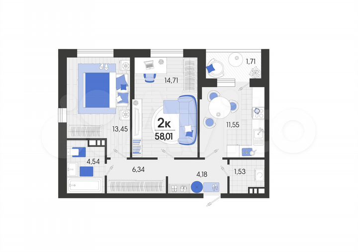 2-к. квартира, 58 м², 7/7 эт.