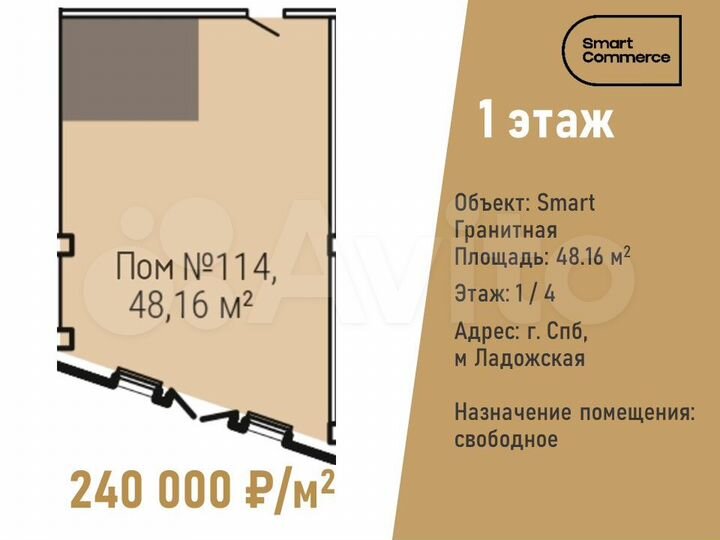 Торговая площадь на первом этаже, 48.16 м²