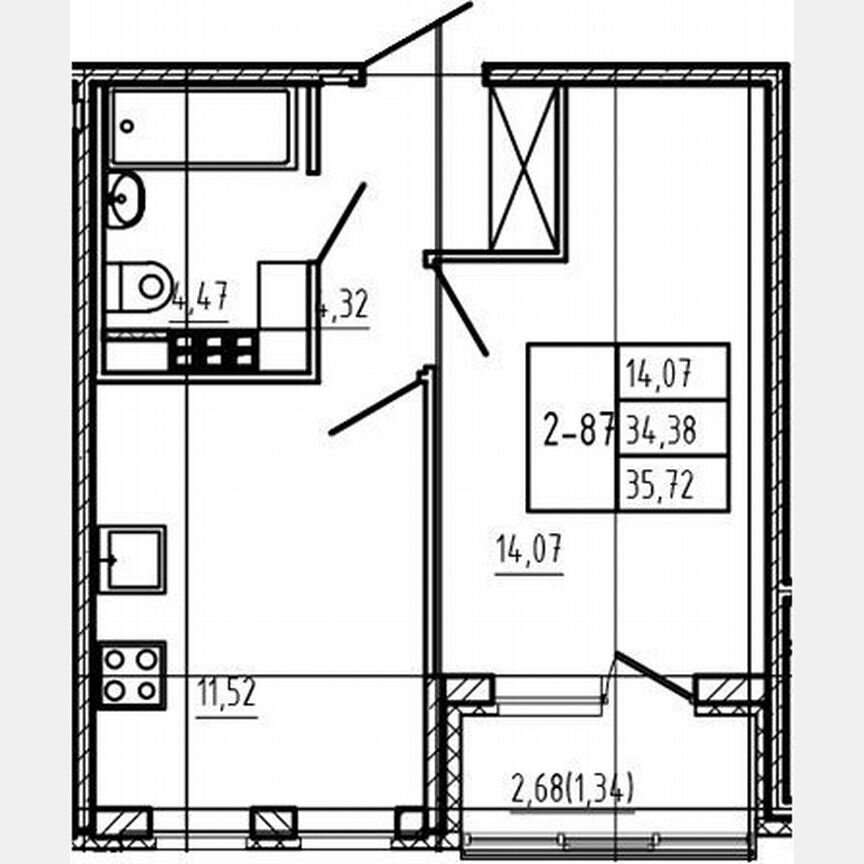 1-к. квартира, 34,4 м², 4/4 эт.