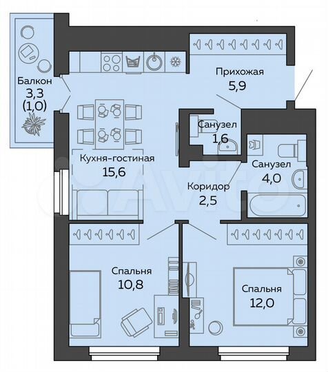 2-к. квартира, 53,5 м², 24/25 эт.