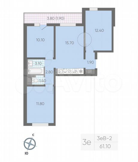 3-к. квартира, 61,1 м², 13/20 эт.