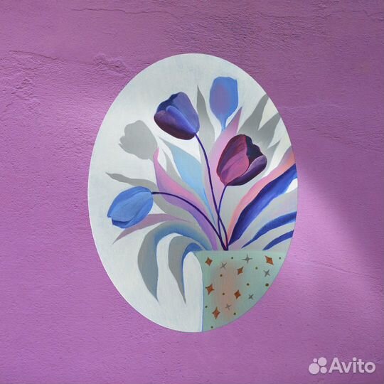 Авторская овальная картина. Натюрморт. Цветы