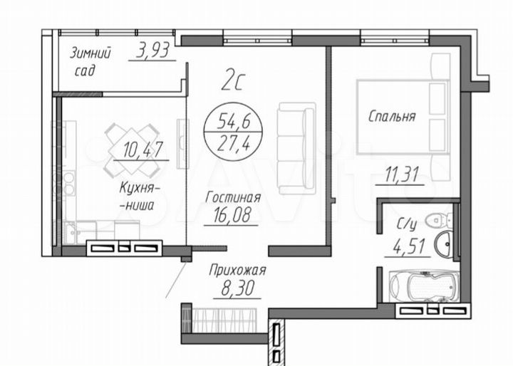 2-к. квартира, 54,6 м², 16/25 эт.