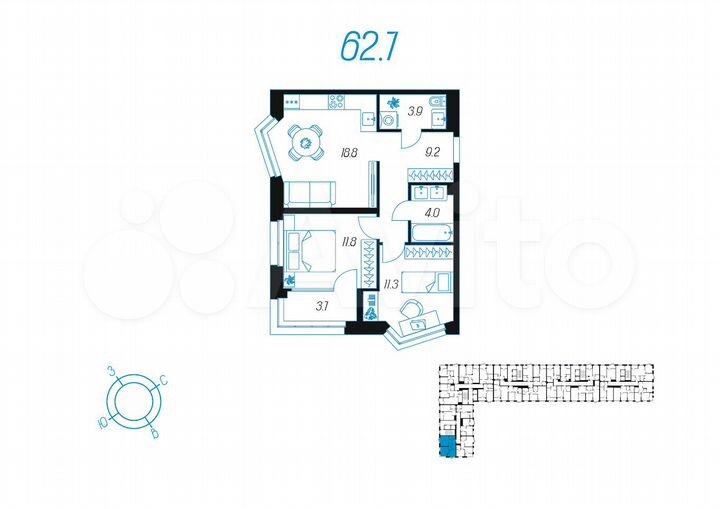 2-к. квартира, 62,7 м², 7/25 эт.