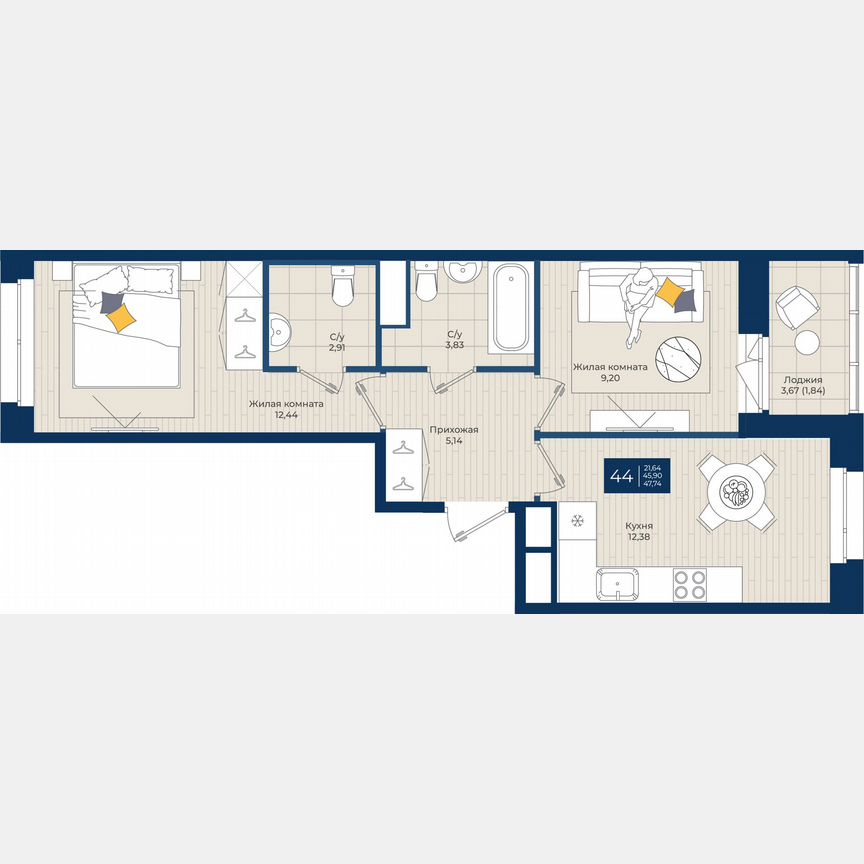 2-к. квартира, 47,7 м², 12/12 эт.