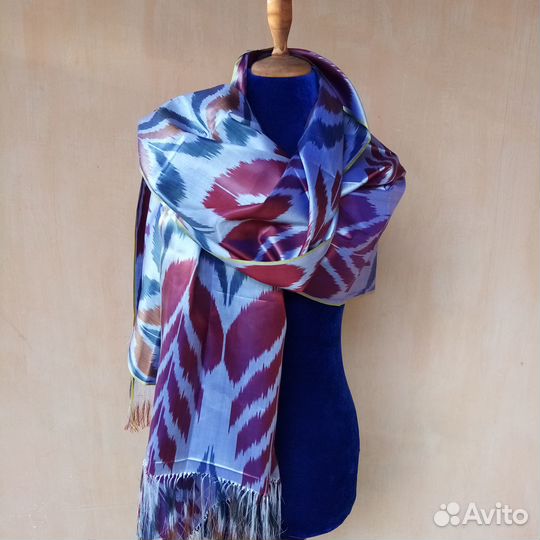 Узбекский шелковый палантин из иката. Бохо шарф