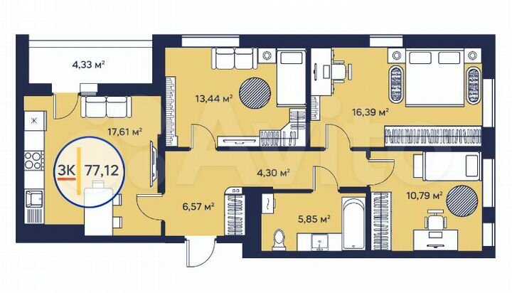 3-к. квартира, 77 м², 6/23 эт.