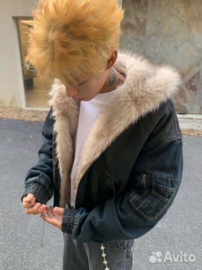 Джинсовый бомбер с мехом y2k Rick Owens type