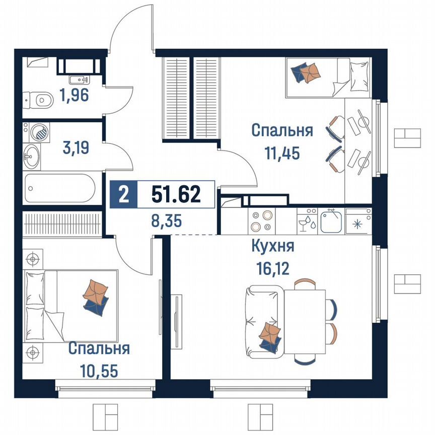 2-к. квартира, 51,6 м², 13/18 эт.