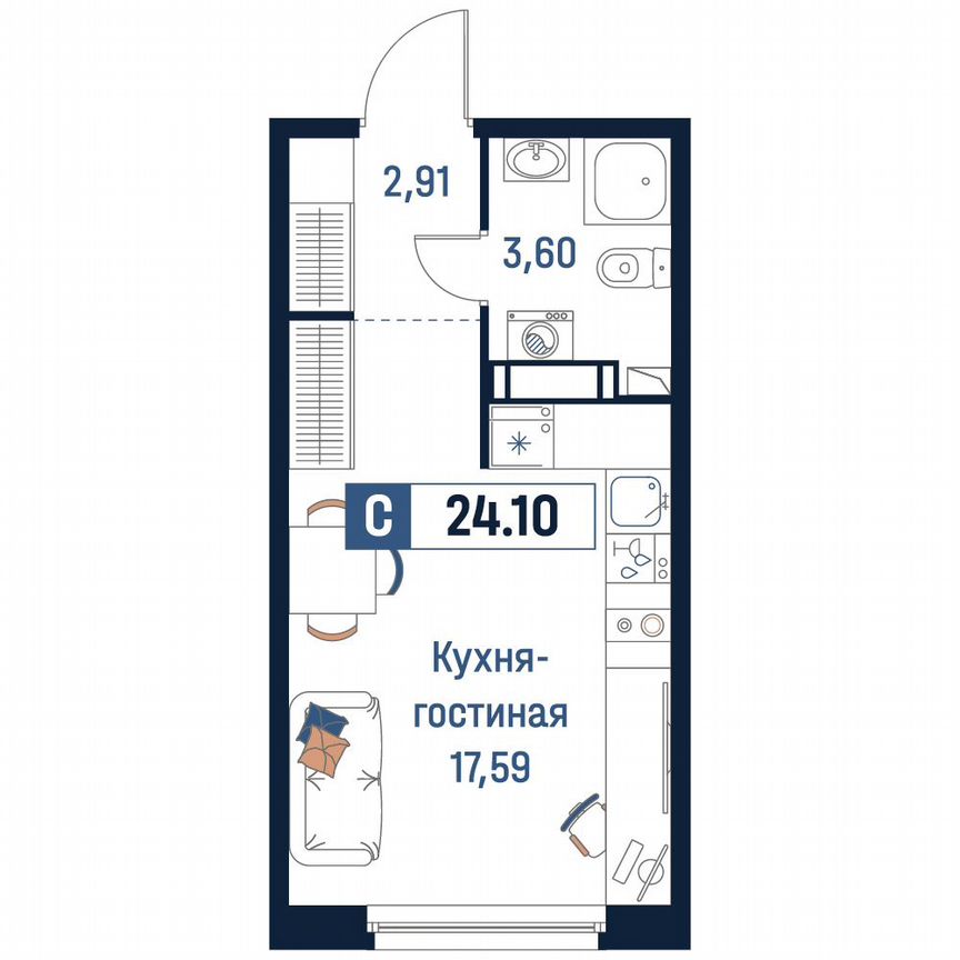 Квартира-студия, 24,1 м², 12/18 эт.