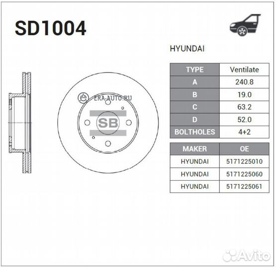 Sangsin brake SD1004 Диск тормозной передний Huyndai Accent (99-05)