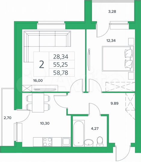 2-к. квартира, 55,3 м², 5/9 эт.