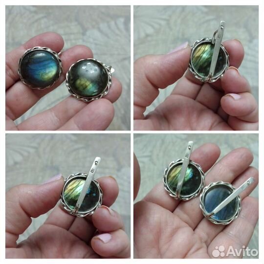 Серьги серебро, лабрадор, янтарь,раухтопаз, коралл
