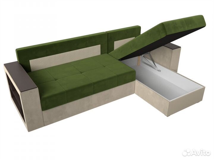 Диван угловой Дубай Лайт правый угол, микровельвет, зеленый, бежевый