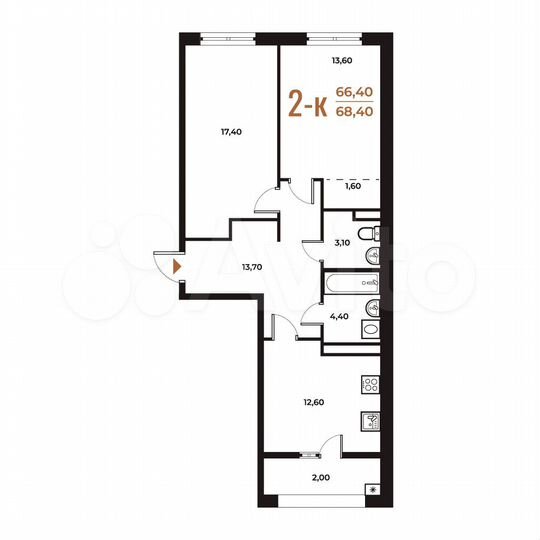 2-к. квартира, 68,4 м², 5/8 эт.