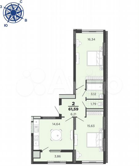2-к. квартира, 61,6 м², 17/25 эт.