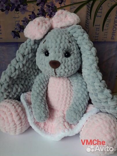 Заяц плюшевый, вязаная игрушка, мягкая игрушка