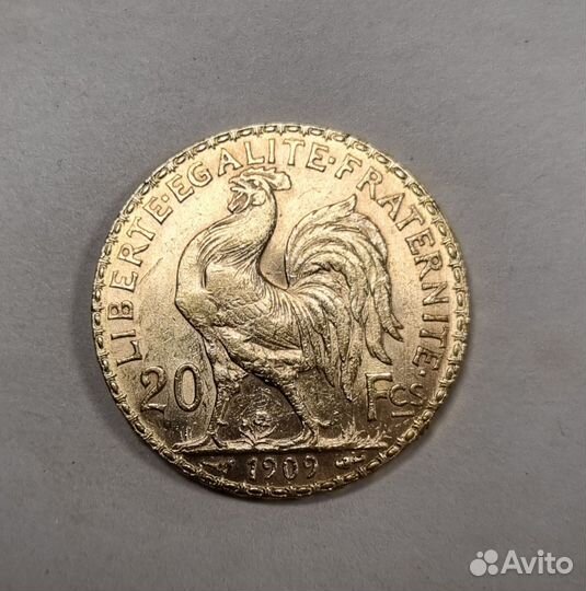 Монета 20 франков 1909 Франция золото