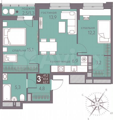 3-к. квартира, 62,7 м², 2/16 эт.
