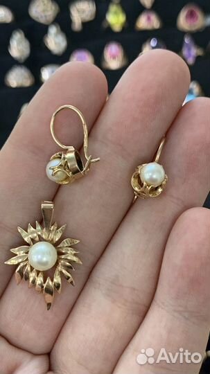 Золотые серьги и кулон с жемчугом СССР