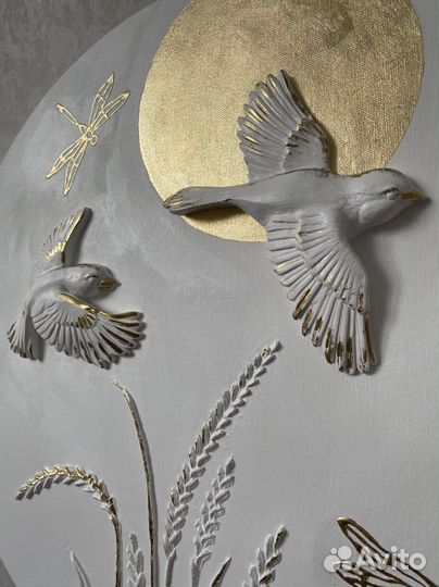 Круглая картина панно с птицами