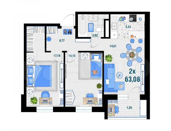 2-к. квартира, 63,1 м², 11/12 эт.