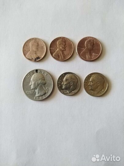Монеты 7 шт. Лунный доллар. Центы. Квотер. Брак